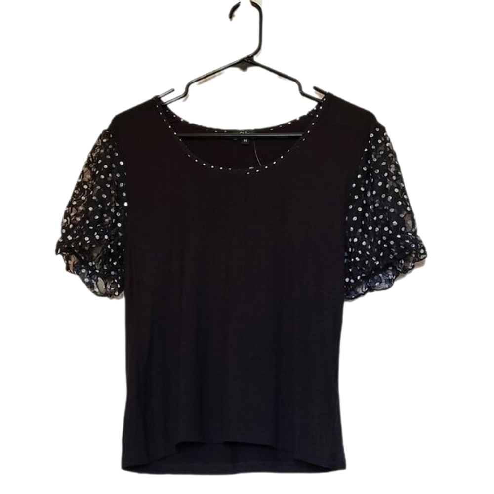 *NEW* STORM LOS ANGELES Black T-Shirt White Polka Dot Lace Sleeves Size Medium